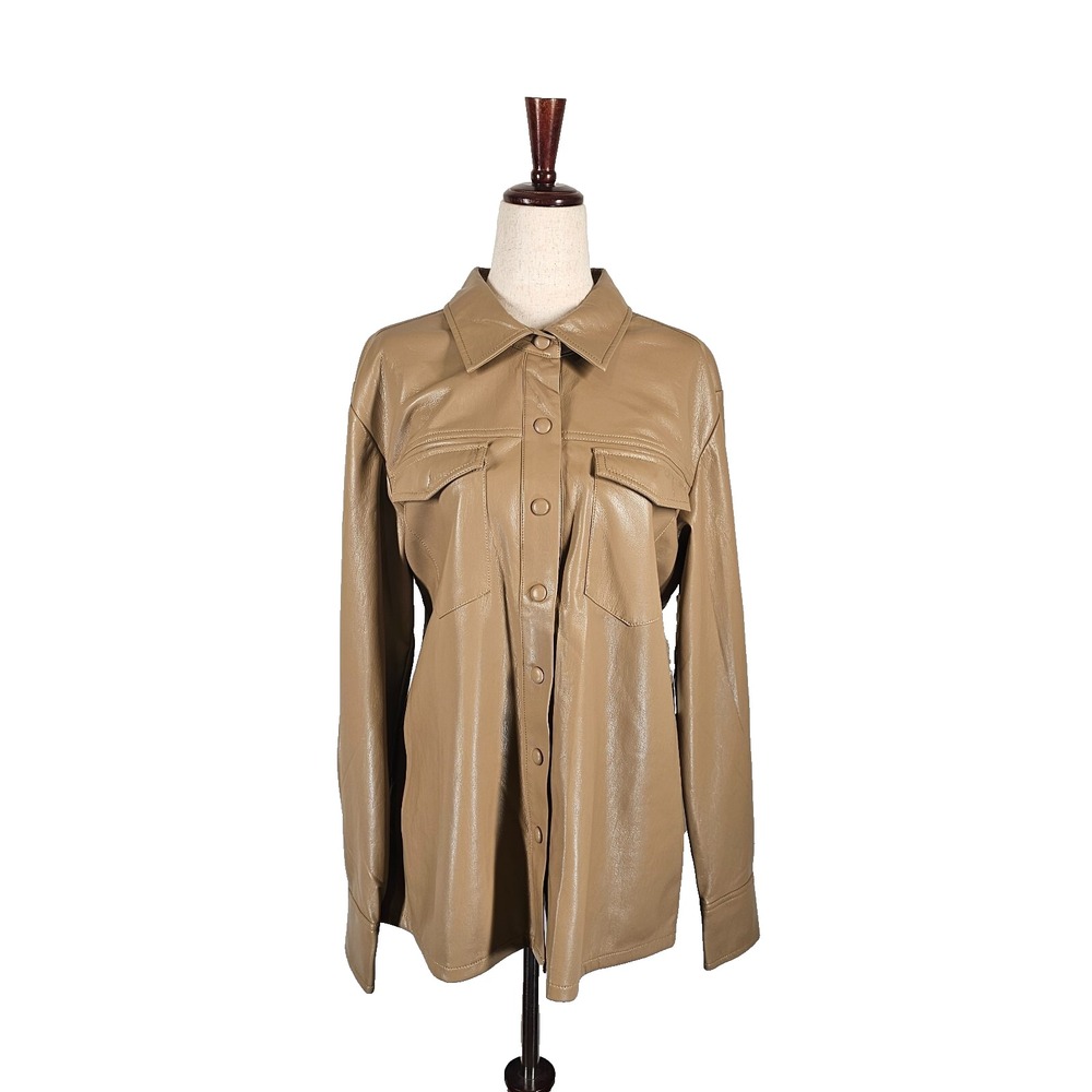 NWT Good American Faux Leather Vegan‎ Shirt Jacket Warm Caramel Brown Size 3/L